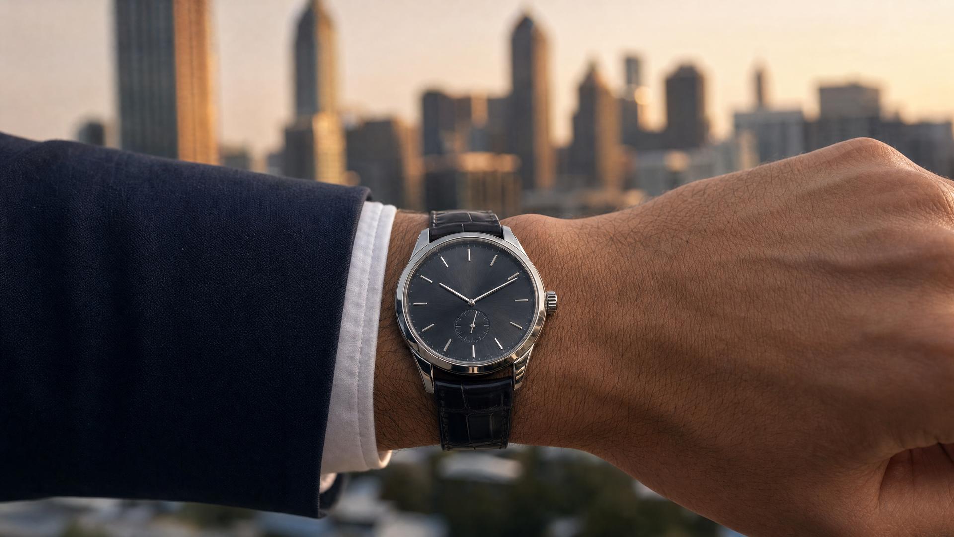 Luxury watch on wrist with Atlanta skyline